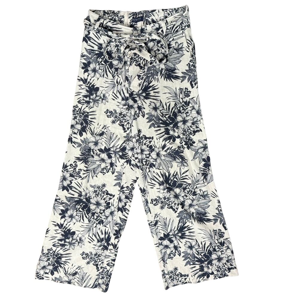 Beau Dawson Blue White Floral Linen Blend Wide Leg Tie Front Pants size M 8-10